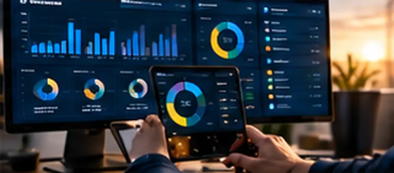 Gestor consulta gráficos e indicadores em monitor e tablet
