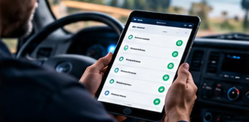 Motorista preenche checklist digital no tablet dentro da cabine