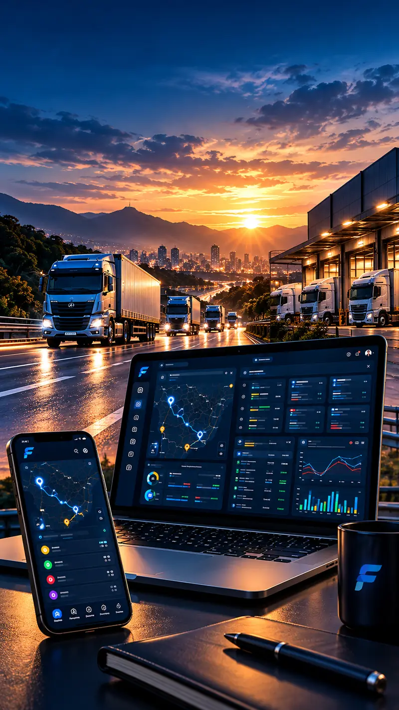 Painel do FLUXO LOG em notebook e celular, com caminhões na rodovia ao entardecer